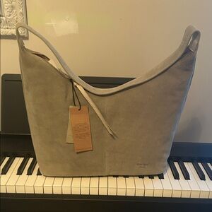 margot Suede Shoulder Hobo Bag in Taupe Gray